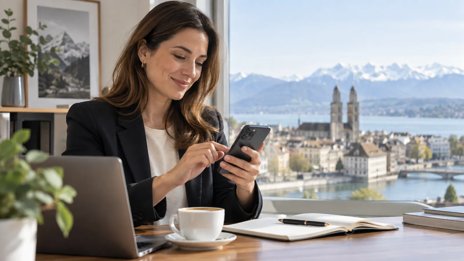 Frau sendet am Arbeitsplatz eine Nachricht über ihr Smartphone