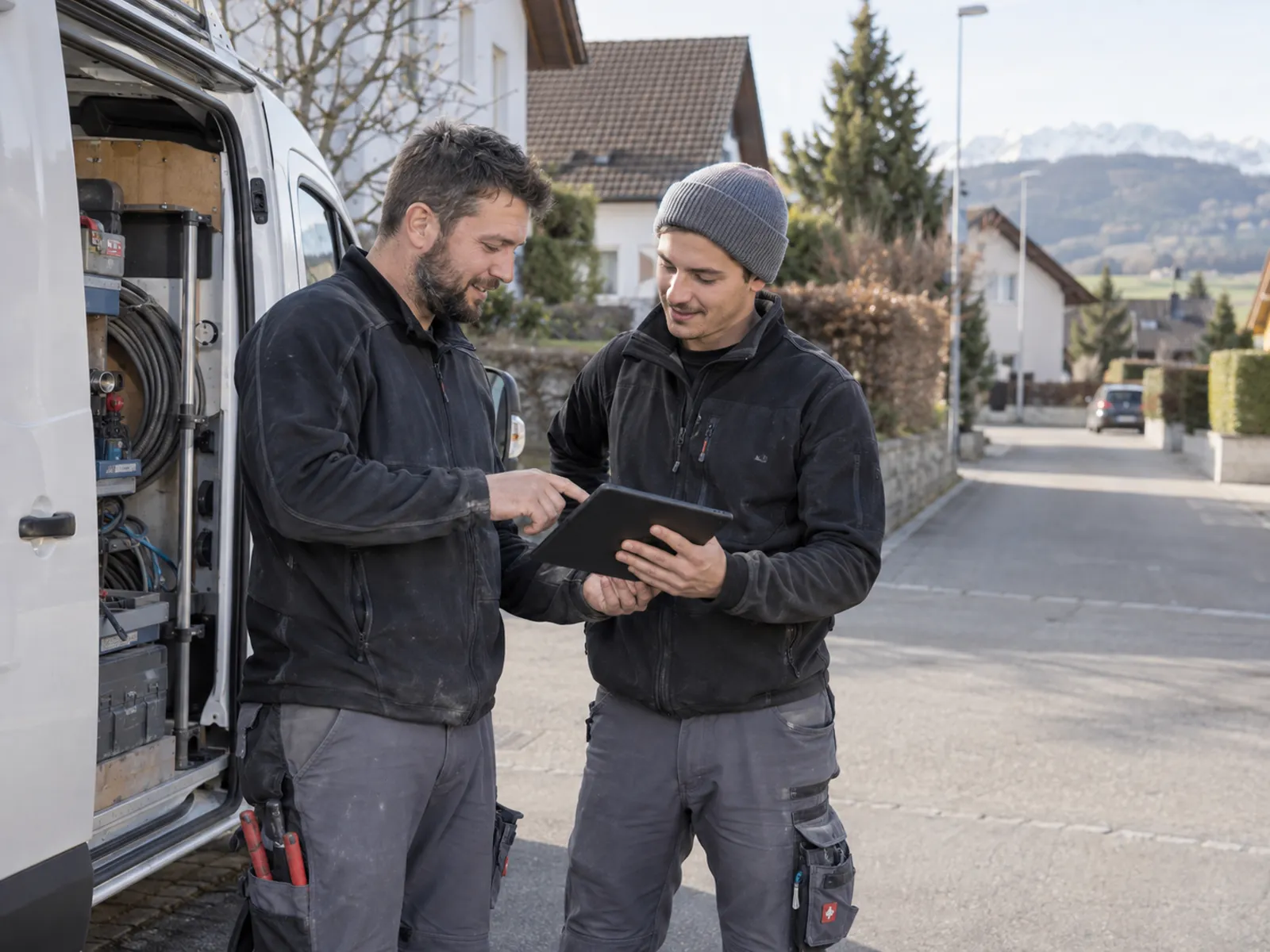 Zwei Handwerker erfassen einen Auftrag auf dem Tablet neben ihrem Servicebus