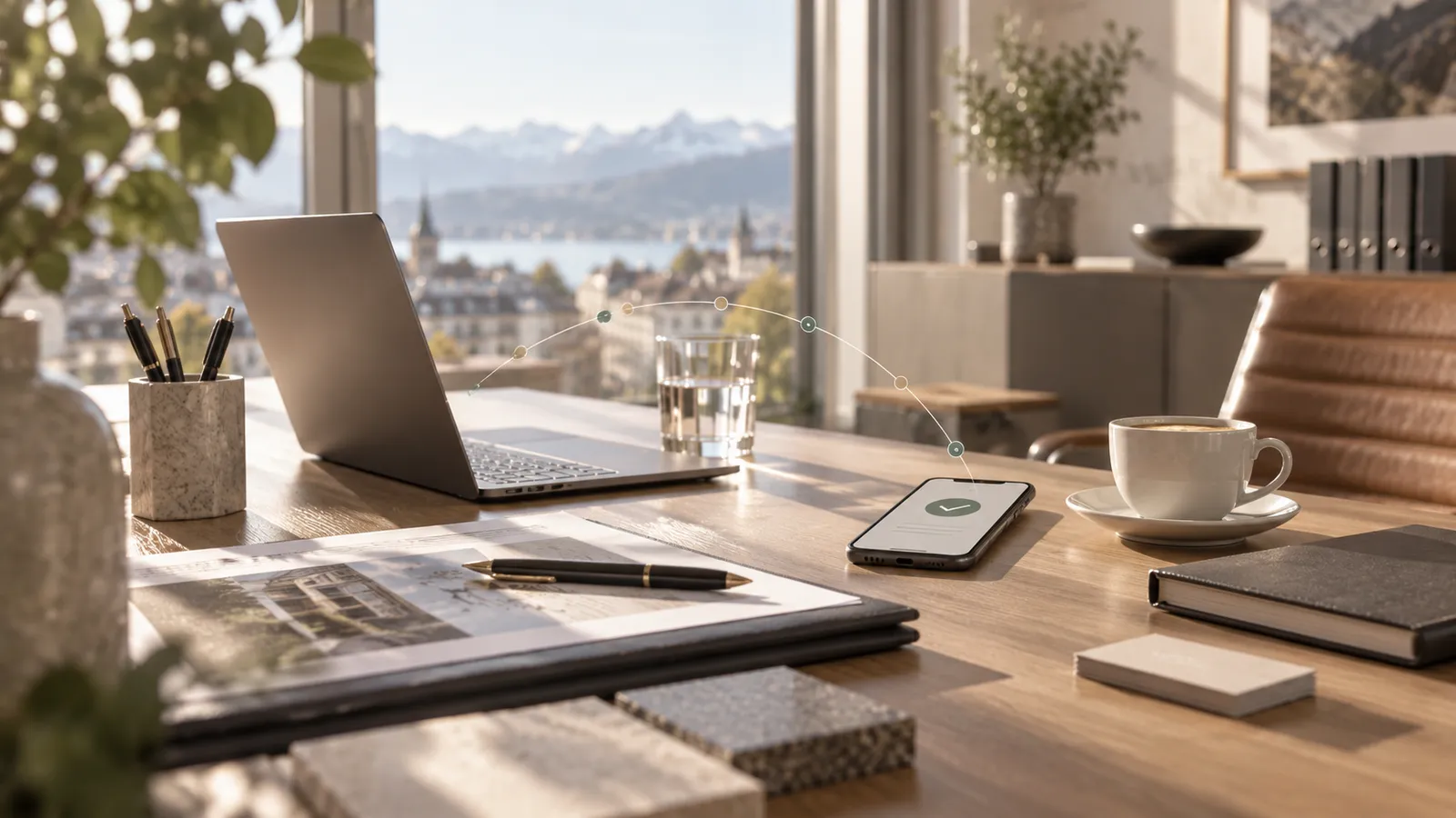 Arbeitsplatz mit Laptop und Handy, auf dem eine verifizierte Empfehlung bestätigt wird