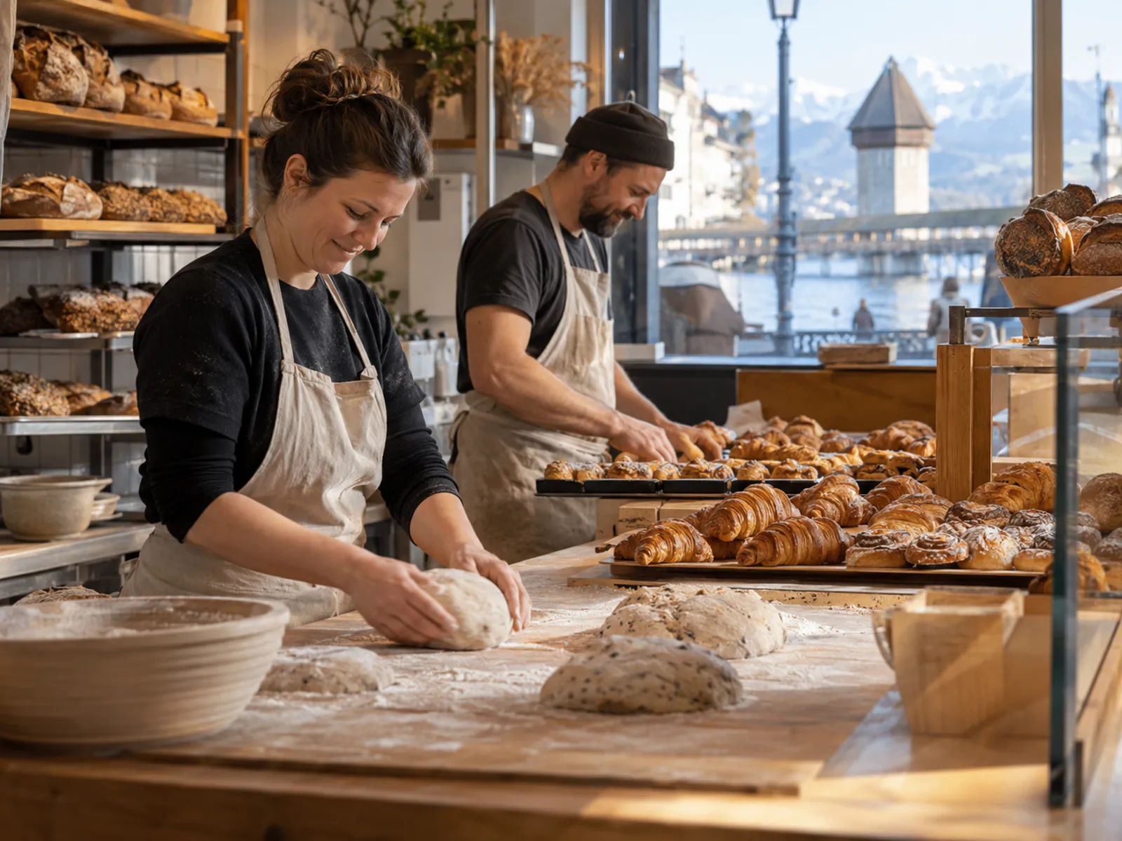 Bäckerin und Bäcker bei der Arbeit mit Blick auf die Kapellbrücke in Luzern