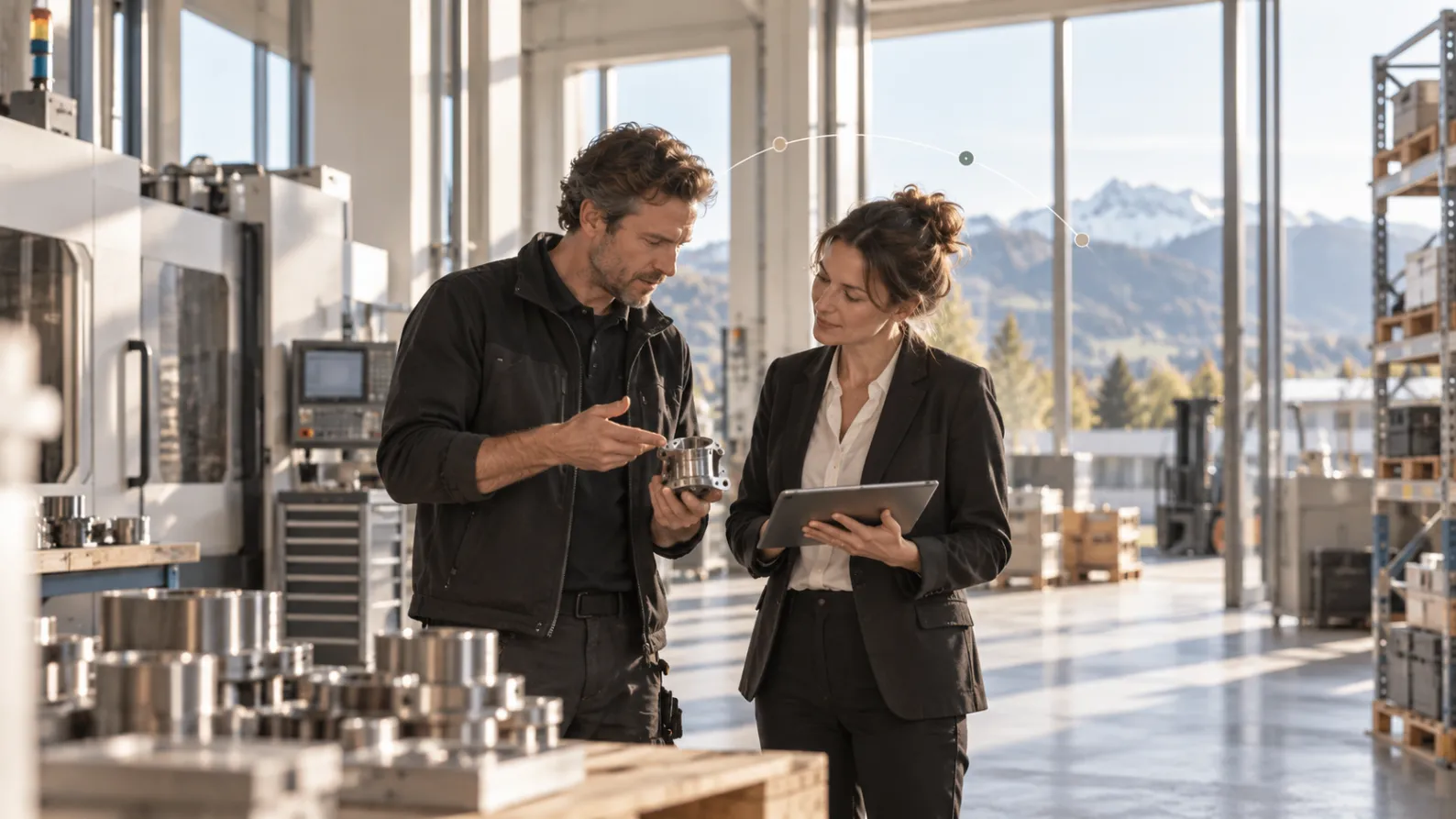 Produktionsleiter und Kundin besprechen ein Bauteil in einer Schweizer Fertigung