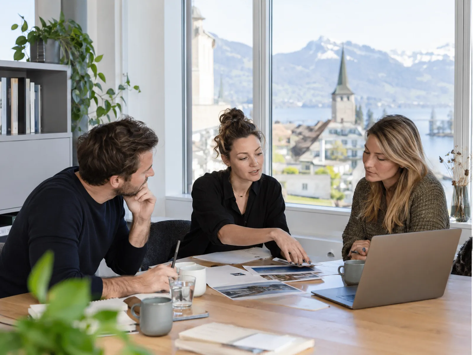 Drei Personen besprechen Entwürfe an einem hellen Bürotisch