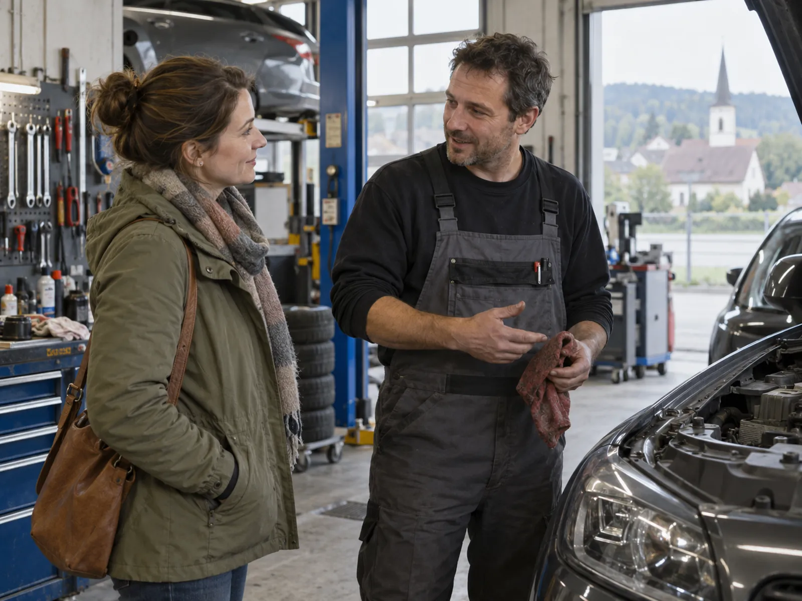Kundin im Gespräch mit einem Automechaniker in einer Garage