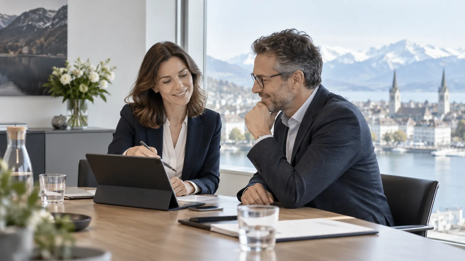 Beratungsgespräch am Tisch mit Tablet und Blick auf See und Berge
